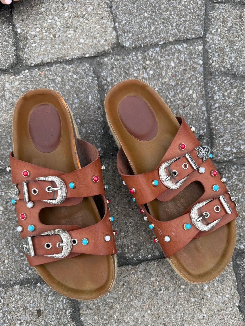 Brown Studded Double-Buckle Slide with Turquoise and Red Accents platform